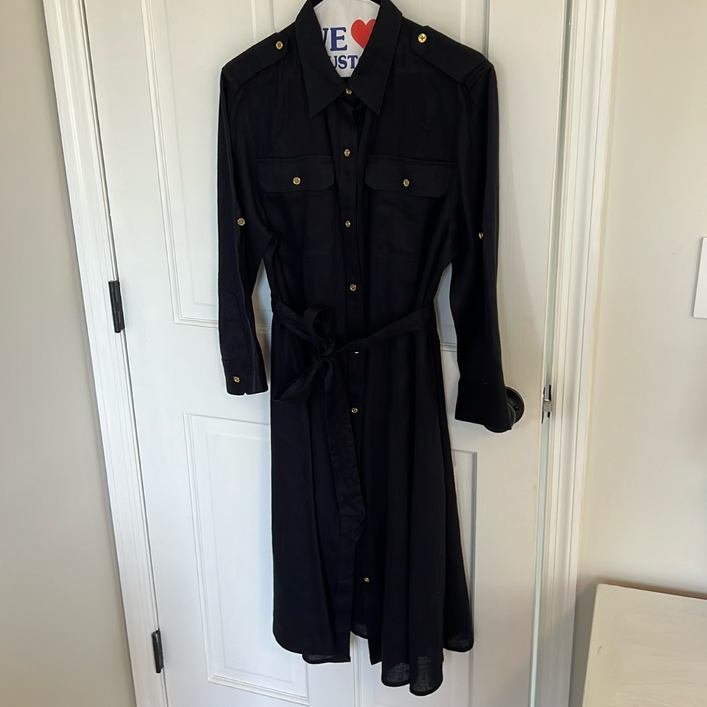 Ralph Lauren Navy Linen Long sleeve Dress with belt and under slip size XL